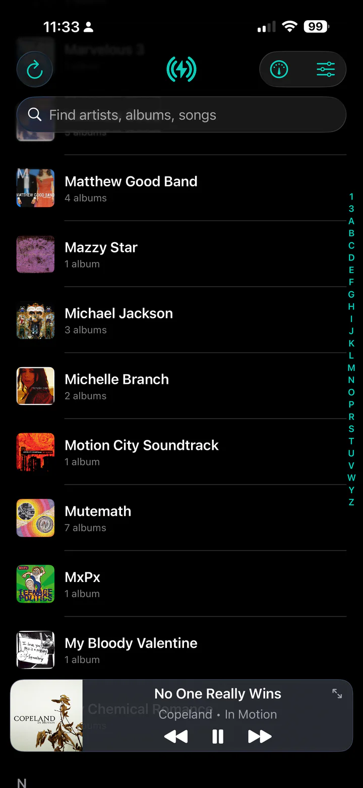 Casto iOS app browsing artists alphabetically with album artwork and a persistent mini player