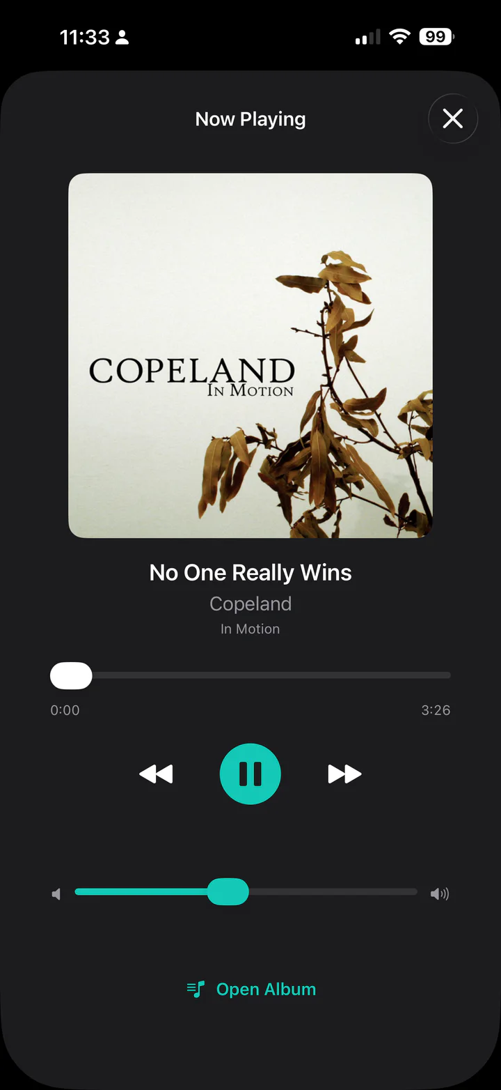 Casto iOS now playing screen with large album artwork, playback progress, transport, and volume controls