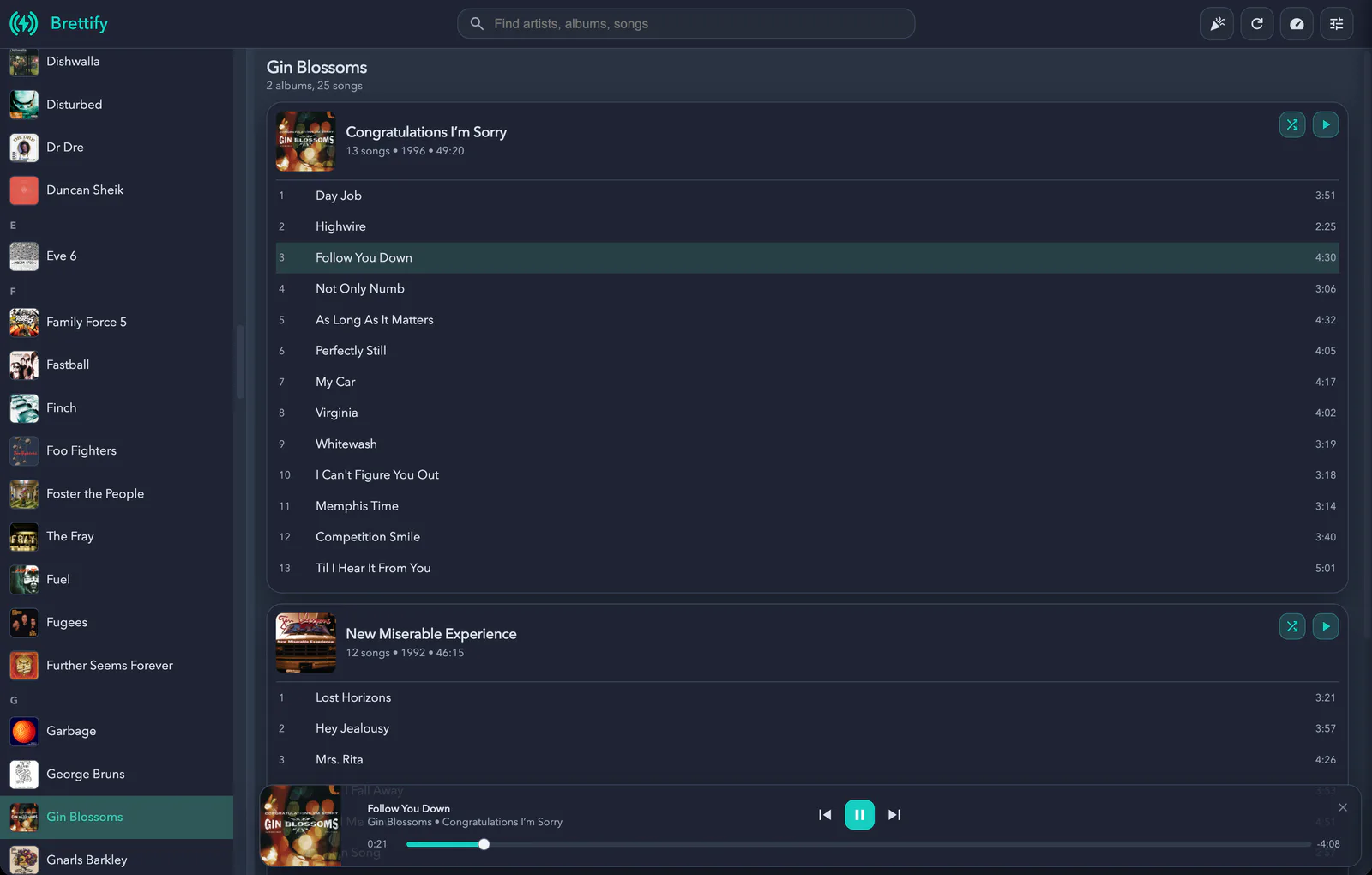 Casto web app browsing artists and complete albums with persistent playback controls