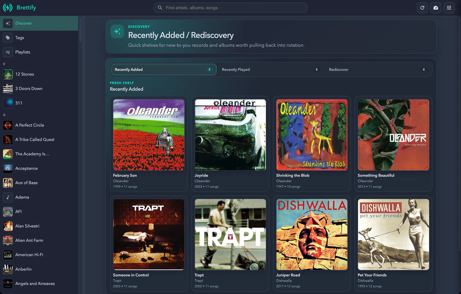 Casto web app home screen with recently added and rediscovered albums from a personal music library