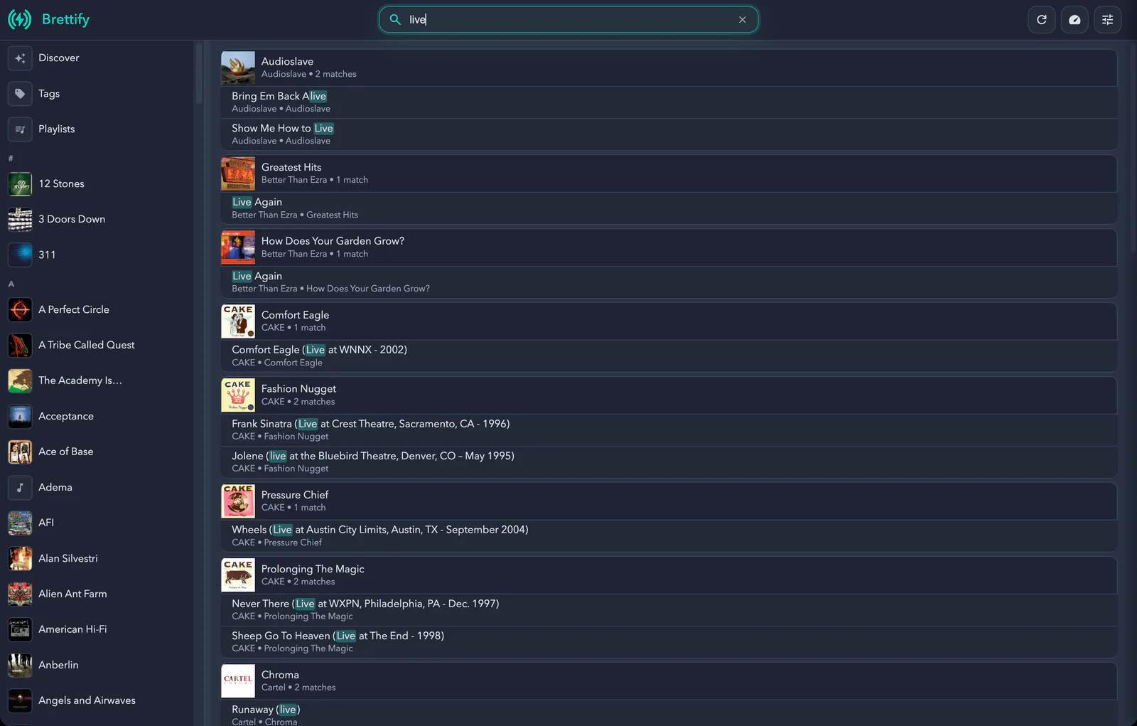 Casto web app search results across artists, albums, and songs in a personal music collection