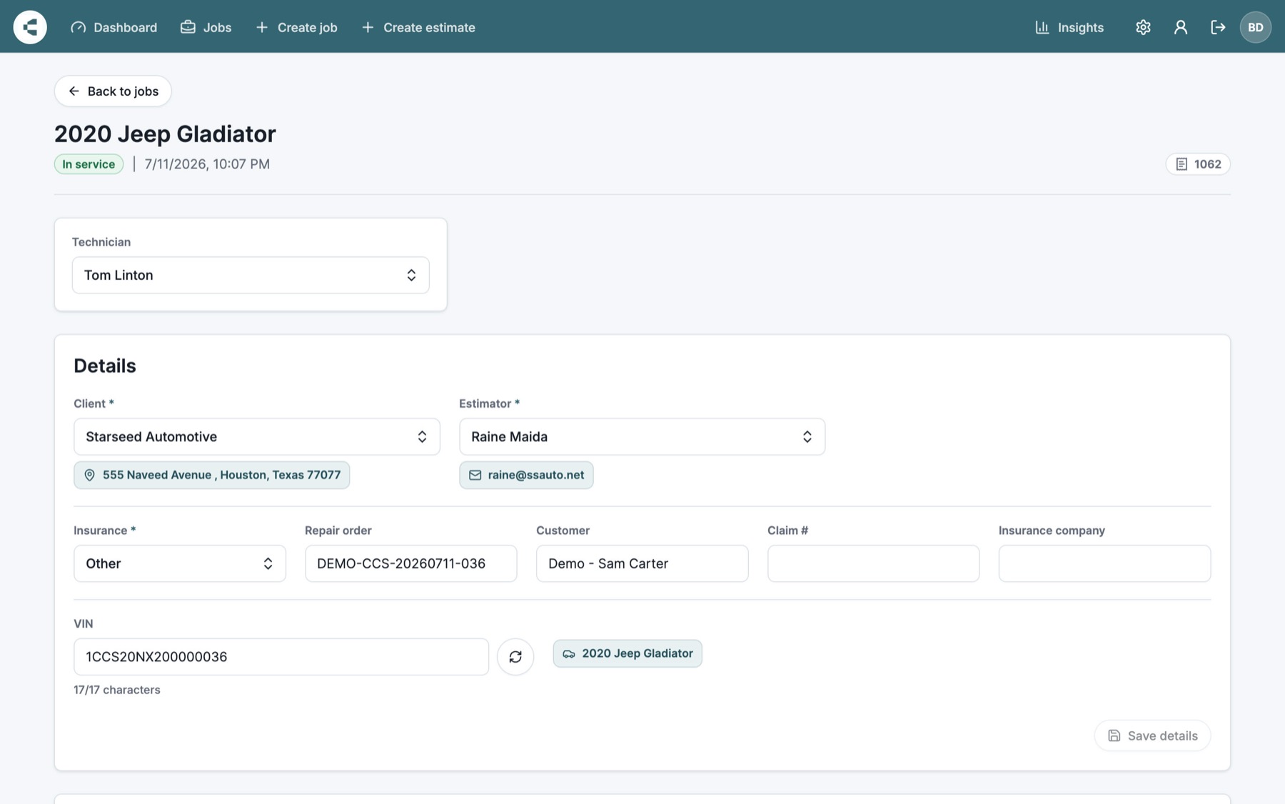 CollisionCare job workspace showing vehicle details, service items, technician context, and job status