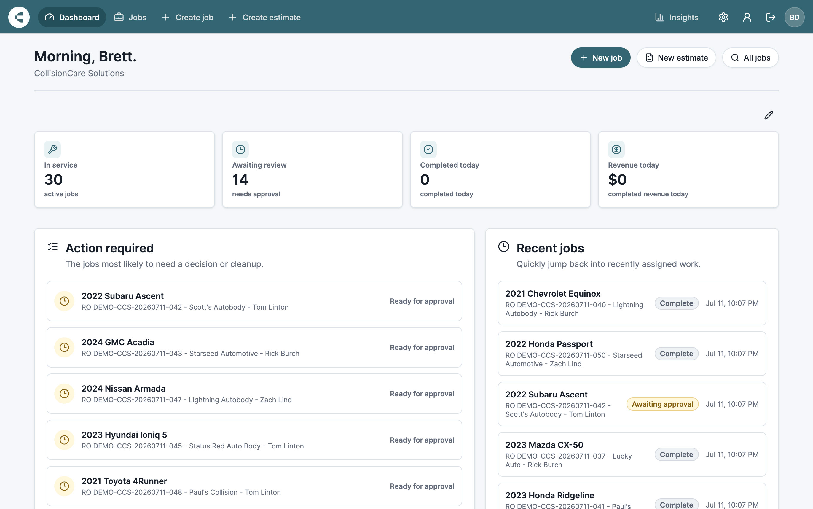 CollisionCare manager dashboard showing completed work, jobs needing approval, and invoicing activity