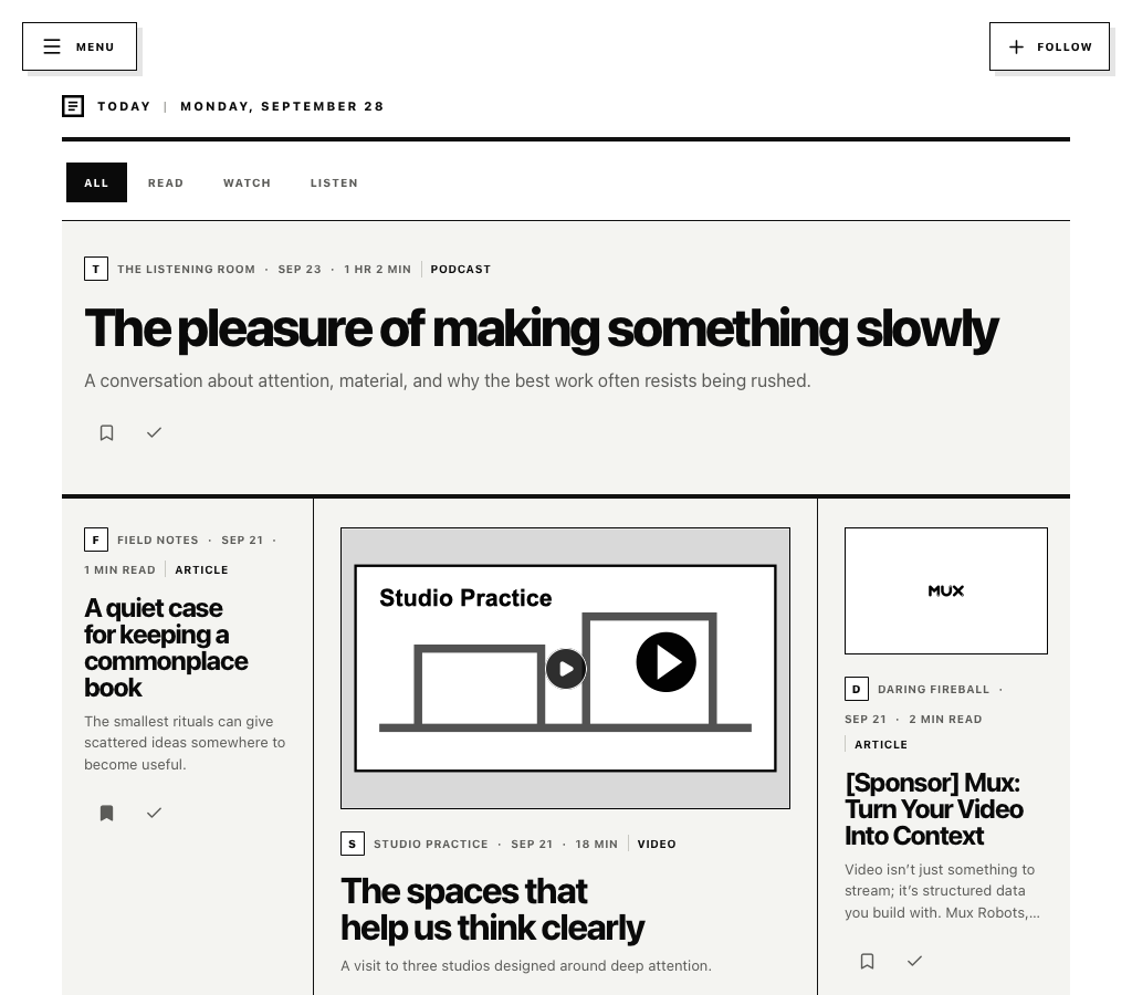 Daily View Today screen with a lead podcast and balanced supporting article and video stories