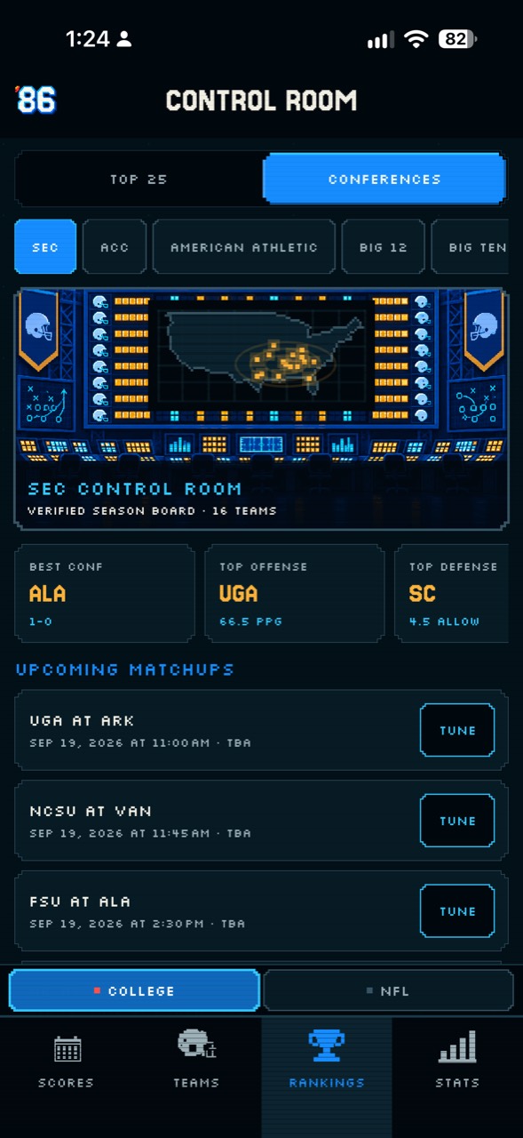 Football ’86 college Control Room showing conference rankings and upcoming matchups