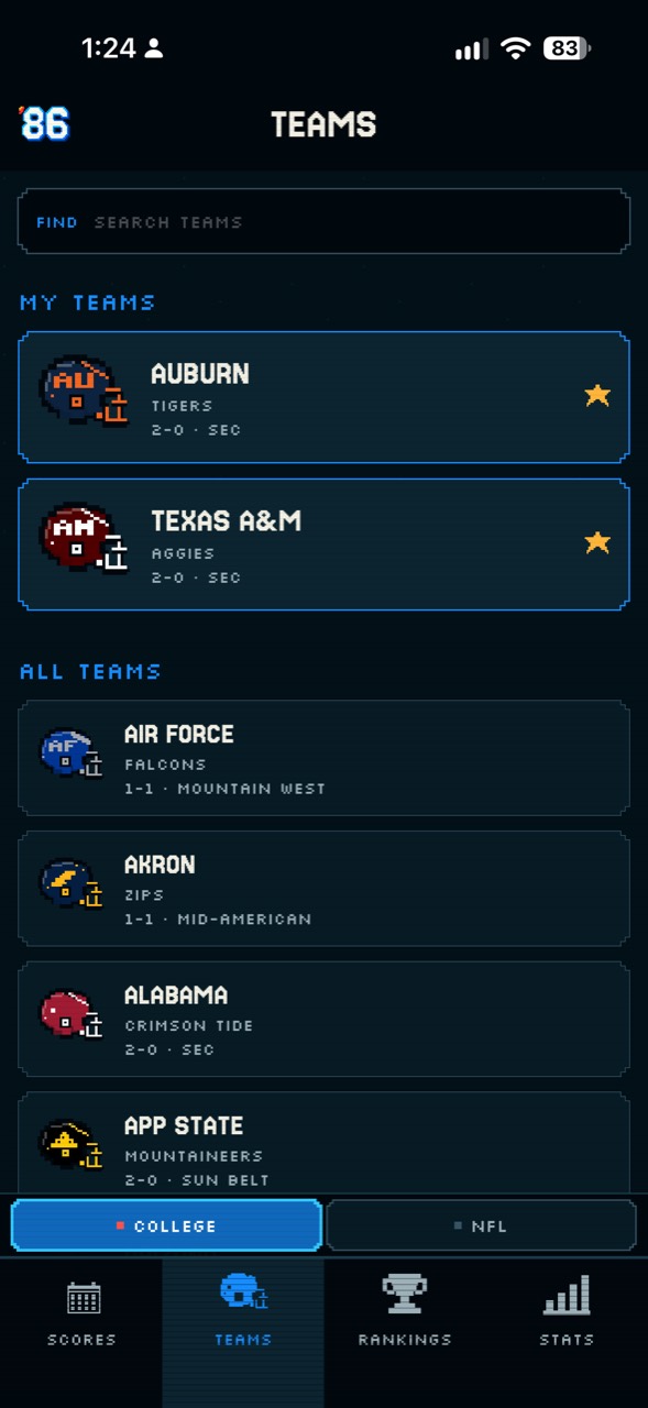 Football ’86 teams screen with favorites and a searchable college football team list