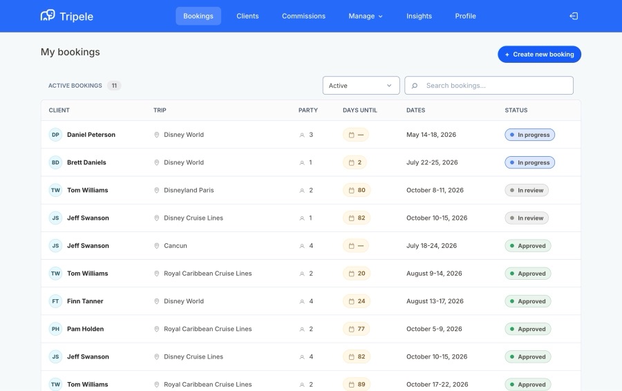 Tripele bookings interface with booking status, client, destination, dates, and commission